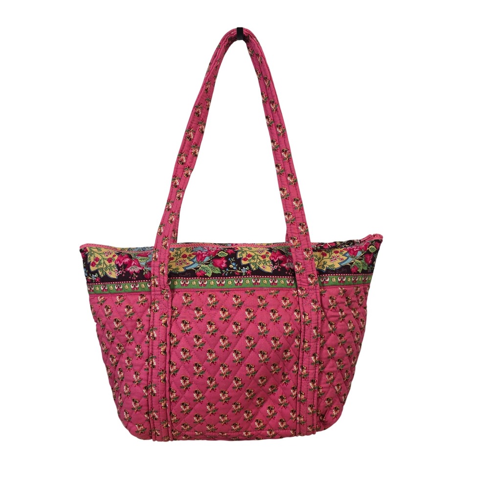Vera Bradley Pink Pansy Floral Quilted Cotton Tote Shoulder Bag Large Zipper